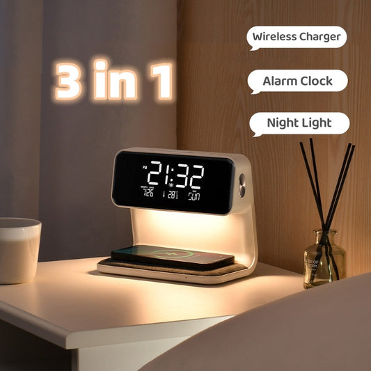 3-in-1 Bedside Lamp – Wireless Charger & Alarm Clock